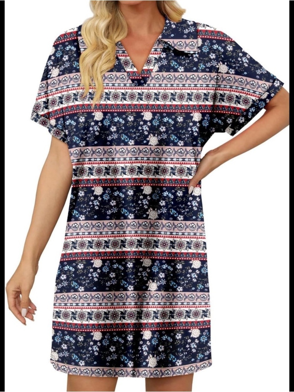 Navy Floral Stripe Short Sleeve Shirt Dress